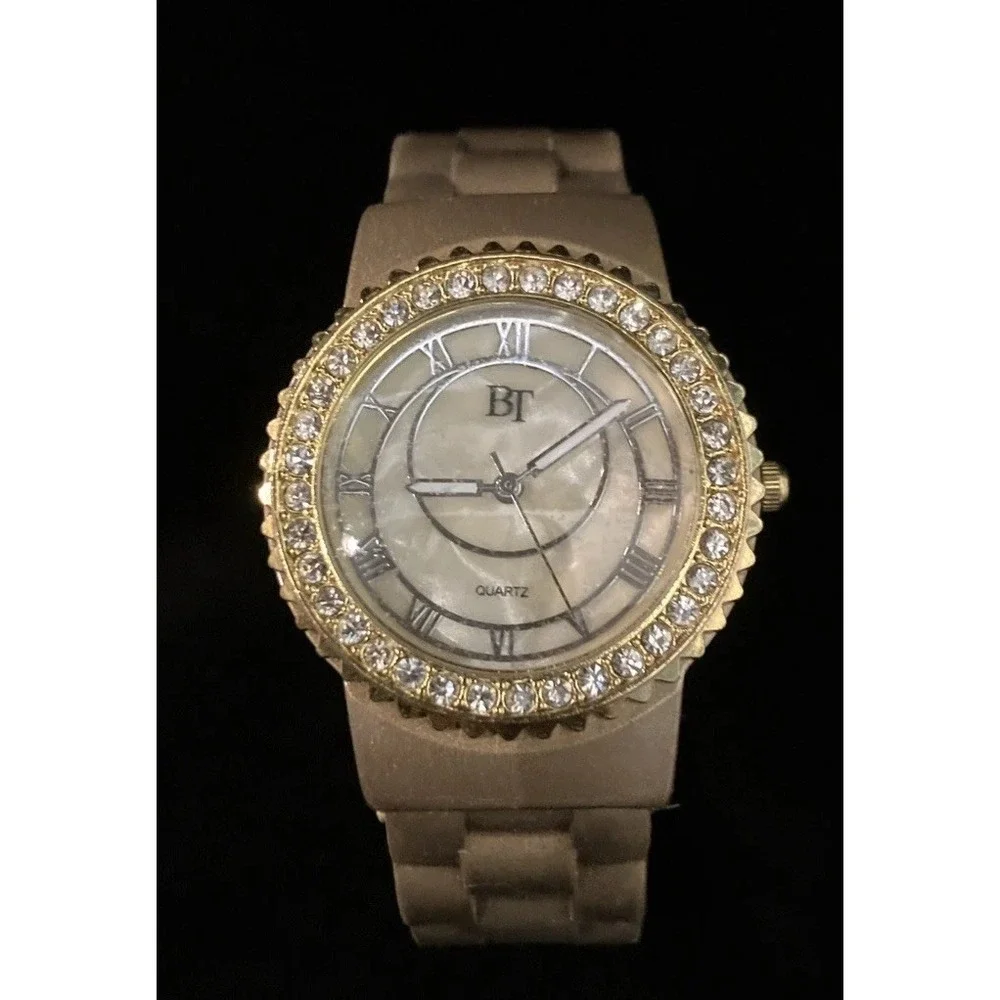Bijoux Terner Womens Watch Mother of Pearl Face Gold Tone Crystal BT HR-805